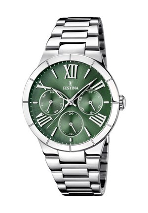Orologio da polso Festina in metallo argentato con quadrante verde, numeri romani, tre sottocronografi che mostrano giorno, data e ora su 24 ore.
