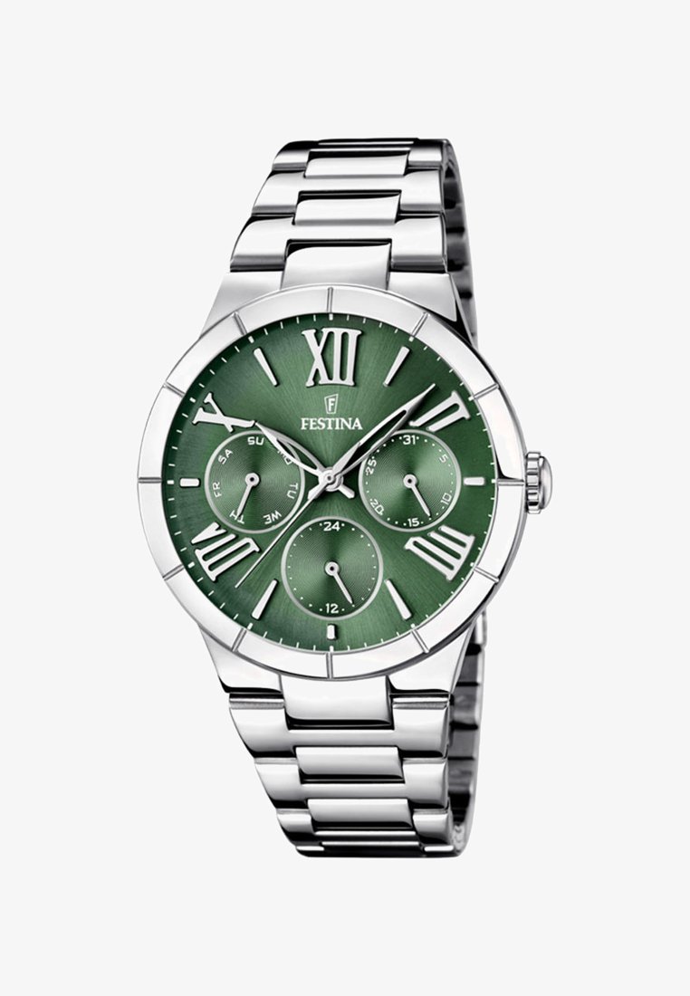 Reloj de pulsera Festina de metal plateado con esfera verde, números romanos, tres subesferas que muestran el día, la fecha y la hora en formato de 24 horas.