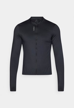 Czarna koszulka rowerowa z długim rękawem, wyposażona w wysoki kołnierz, pełny zamek błyskawiczny oraz lekką, oddychającą tkaninę. Gładka struktura z minimalnym logo.