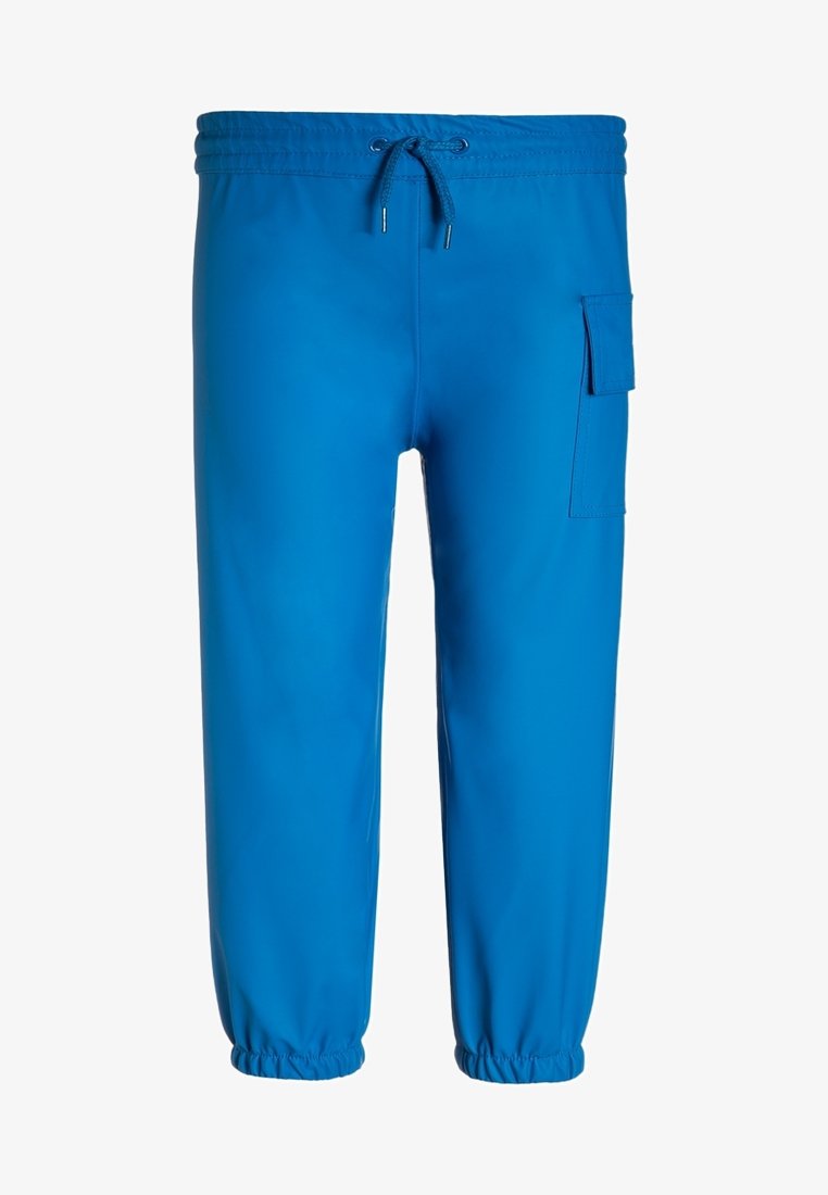 Pantalon cargo bleu vif avec poignets et ceinture élastiques, cordon à l'avant et une poche à rabat sur la cuisse droite.