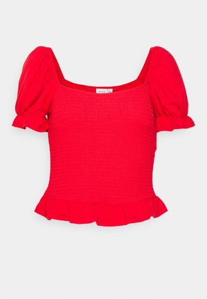 Blusa roja brillante de manga corta con mangas abullonadas, escote cuadrado, cuerpo fruncido y dobladillo con volantes.