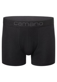 Czarne slipy bokserskie z miękkiej tkaniny. Posiadają wygodny pas z logo "camano". Gładka tekstura bez dodatkowych wzorów.