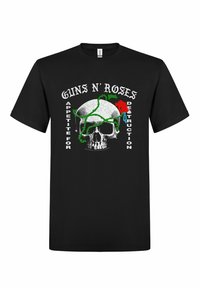 Svart bomull t-skjorte med et hodeskallemotiv, røde roser og grønne vinstokker, samt teksten "Guns N' Roses Appetite for Destruction" i hvitt.