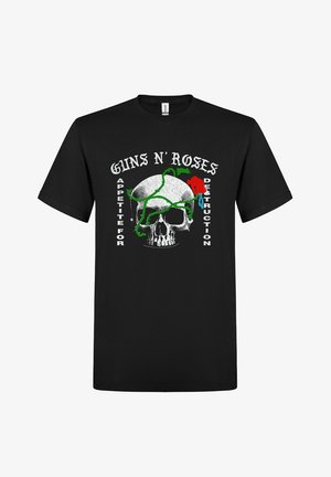 Camiseta negra de algodón con un gráfico de calavera rodeada de una rosa roja y enredaderas verdes, y el texto "Guns N' Roses Appetite for Destruction" en blanco.
