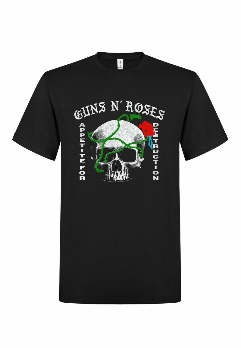 Svart bomull t-skjorte med et hodeskallemotiv, røde roser og grønne vinstokker, samt teksten "Guns N' Roses Appetite for Destruction" i hvitt.