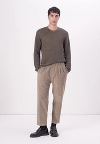 Pulover tricotat texturat de culoare verde oliv, asortat cu pantaloni din catifea bej deschis. Pantofi loafer negri purtați cu șosete negre până la glezne.