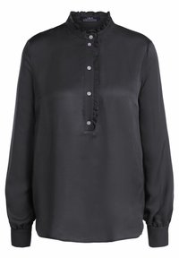Zwarte blouse met lange mouwen gemaakt van glad materiaal, met een gerimpelde kraag, knoopsluiting en een gestructureerd oppervlak.