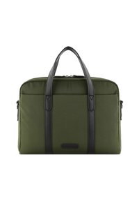 Olivenfarbene Stoff-Laptoptasche mit schwarzen Lederakzenten, doppelten oberen Griffen und Reißverschluss; glatte Textur mit subtilen Mustern.