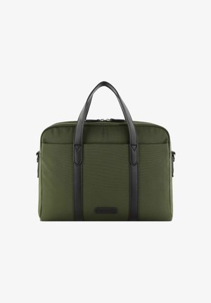 Olijfgroene stoffen laptoptas met zwarte leren accenten, dubbele handvatten aan de bovenkant en ritssluiting; gladde textuur met subtiele patronen.