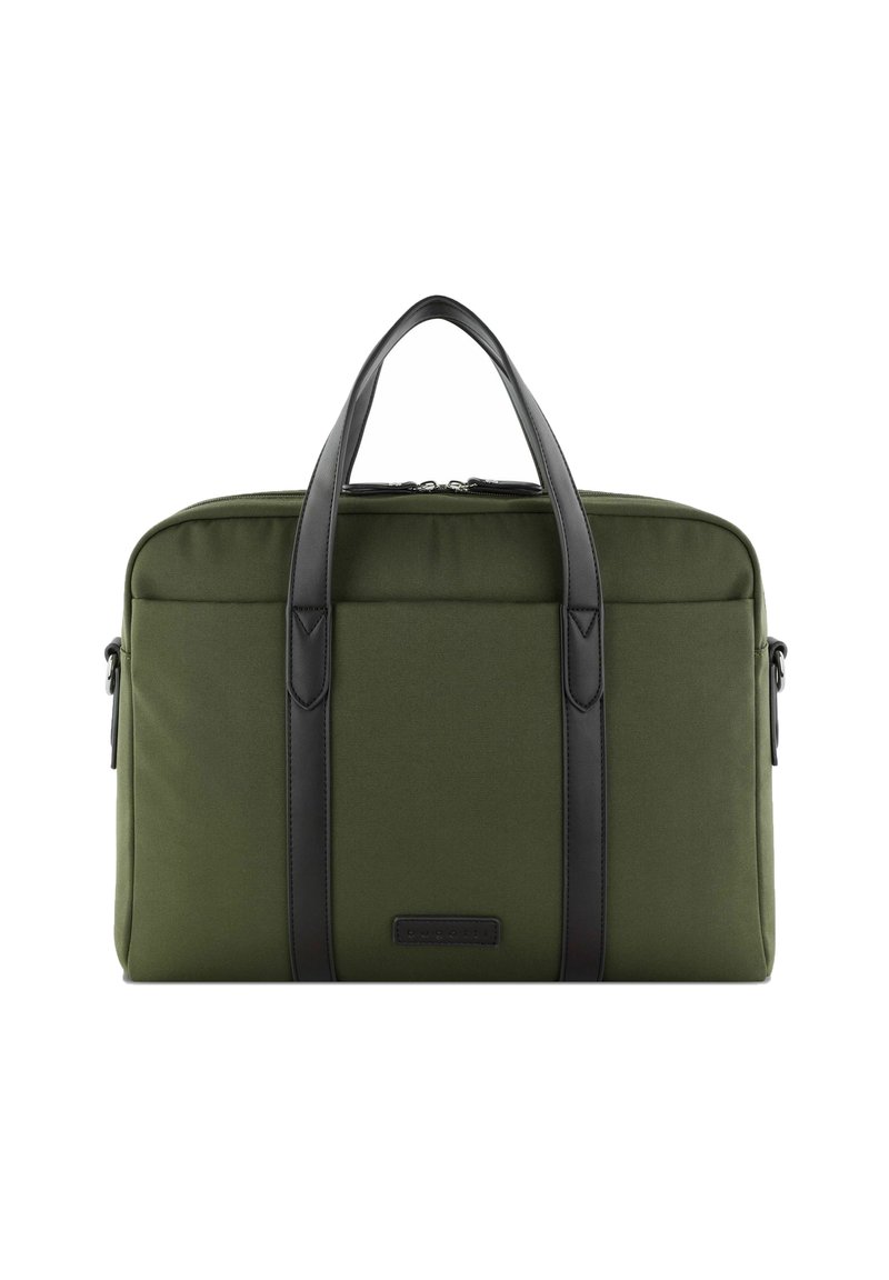 Olivenfarbene Stoff-Laptoptasche mit schwarzen Lederakzenten, doppelten oberen Griffen und Reißverschluss; glatte Textur mit subtilen Mustern.