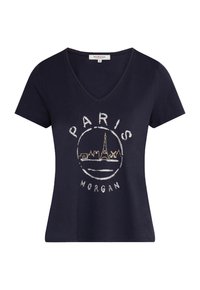 Camiseta de algodón navy con escote en V, presenta un gráfico en blanco y dorado del horizonte de París y el texto "PARIS MORGAN". Mangas cortas.