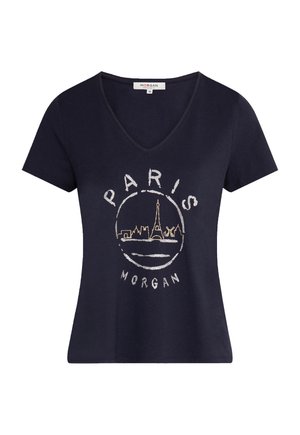 T-shirt en coton bleu marine avec un col en V, présentant un graphique blanc et doré de la skyline de Paris et le texte "PARIS MORGAN." Manches courtes.