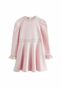 Rotes Kleid mit langen puffÄrmeln, weichem Baumwollmaterial, ausgestelltem Rock und einem dekorativen Band mit "TED BAKER" in Gold.