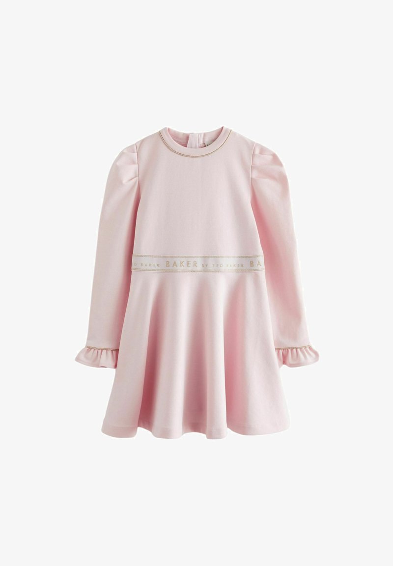 Roosa kleit pikade volangvarrukatega, pehmest puuvillast materjalist, laieneva seelikuga ja dekoratiivse ribaga, millel on kuldsed tähed "TED BAKER".