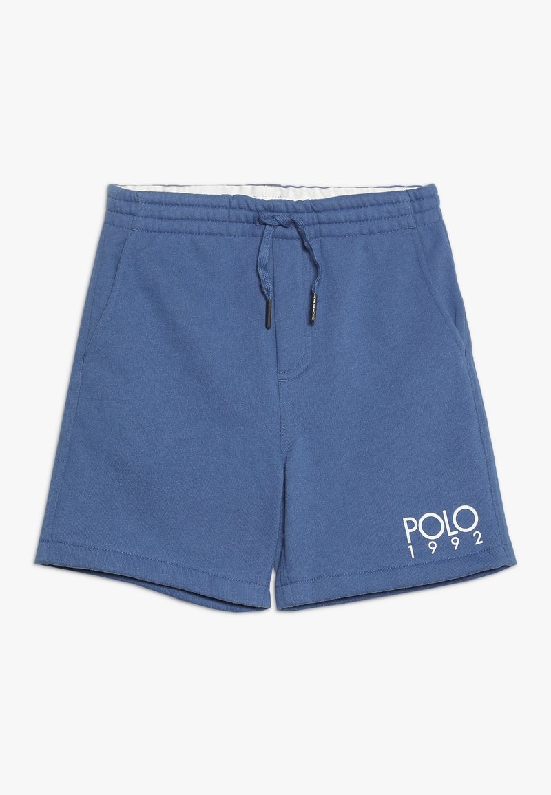 Blå bomullsshorts med elastisk midja, justerbar dragsko, sidfickor och "POLO 1992" tryckt i vitt på framsidan.
