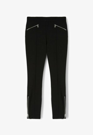 Black slim-fit pants with front diagonal zipper pockets and ankle zippers, featuring a simple waistband and seam details.