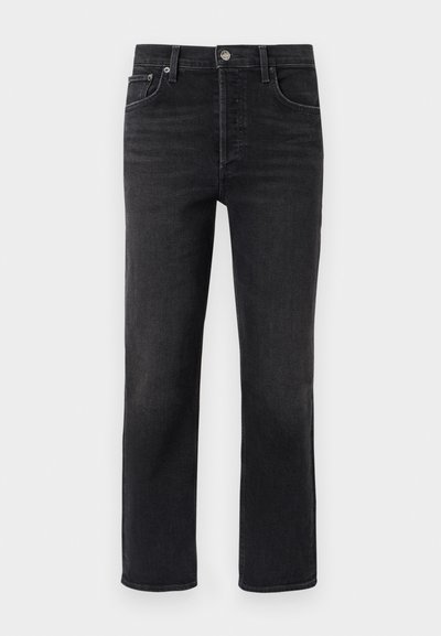 Svarte jeans med rette ben laget av denim, med klassisk design med fem lommer og metallknapp ved midjen.