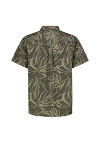 Kurze Hemdsärmel aus olivgrünem Stoff mit einem cremefarbenen Blattmuster, ausgestattet mit einem Rückenfalten und einem klassischen Kragen.