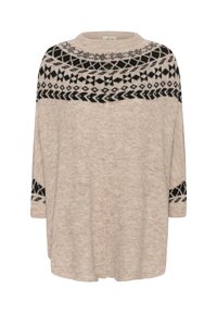 Beige gebreide trui met een relaxed fit, voorzien van een zwart geometrisch patroon op de schouderpartij en mouwen. Zachte textuur en een wijde halslijn.
