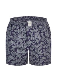 Námořnické modré plážové šortky s lehkým šedým listovým vzorem, elastickým pasem a jedním knoflíkem na zapínání. Vyrobeno z lehkého materiálu.