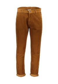 Pantalons en velours côtelé marron avec une surface texturée, coupe slim, ourlets roulés et fermeture à un bouton à la taille.
