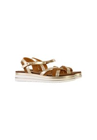 Sandalias trenzadas en oro y marrón con una plantilla acolchada y suela de goma blanca. Presenta un diseño trenzado en el empeine.