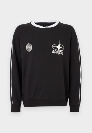 Black sweatshirt with white accents, featuring a round collar, long sleeves, and two logos on the front. Soft, textured fabric.