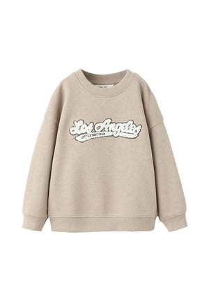 Sweat-shirt beige à manches longues avec col rond et "Los Angeles Little Best Team" en lettres blanches texturées sur le devant.