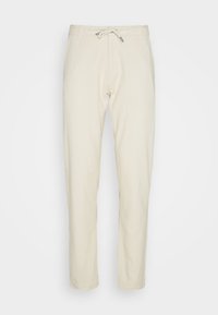 Pantaloni beige, leggeri, con tessuto texturizzato, a taglio dritto, con vita elasticizzata e coulisse regolabile per un fit comodo.