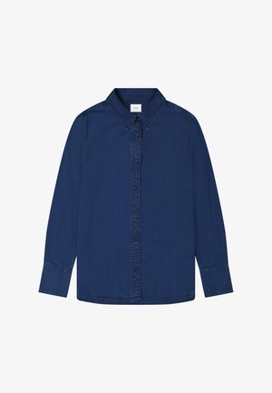 Camicia a maniche lunghe blu scuro con bottoni, collo appuntito, cuciture visibili e un'etichetta del marchio nella zona del collo.