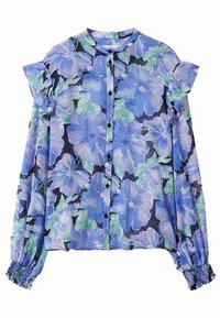 Blouse fleurie en bleu et vert avec boutonnage sur le devant, accents à volants aux épaules et poignets élastiqués ; tissu léger et texturé.