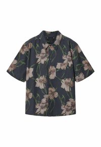 Camisa de hombre de manga corta con botones, fondo azul marino oscuro, estampado floral beige, tallos verdes y bolsillo en el pecho delantero.