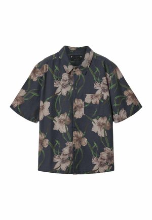 Miesten lyhythihainen nappipaita, jossa on tumma laivastonsininen pohja, beige kukkakuosi, vihreät varsistot ja etutasku rinnan kohdalla.