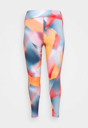 Legíny s vysokým pasem v multibarevném abstraktním vzoru s modrými, oranžovými a růžovými tvary. Vyrobeny z pružného, hladkého materiálu.