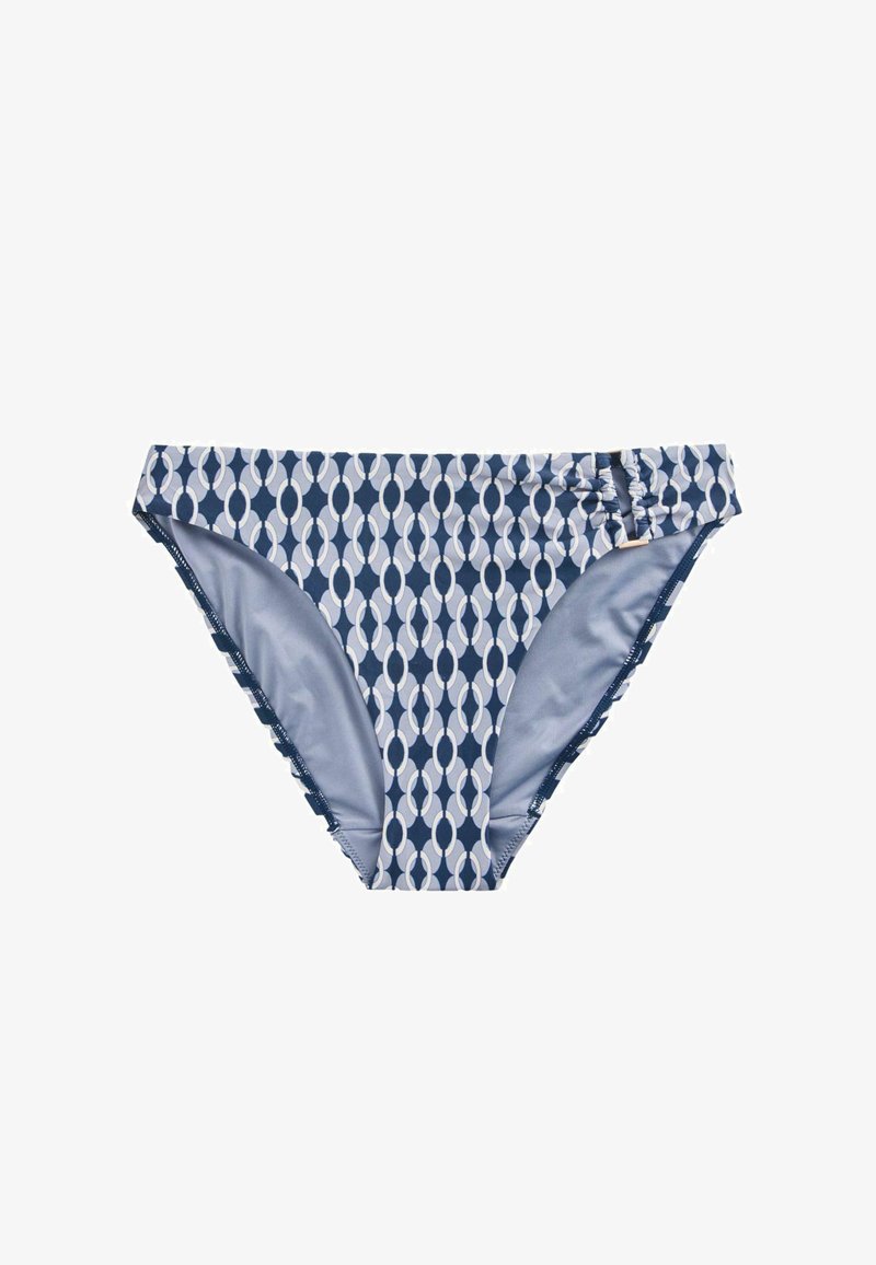 Bas de bikini à motif géométrique bleu et blanc avec un détail froncé sur un côté.