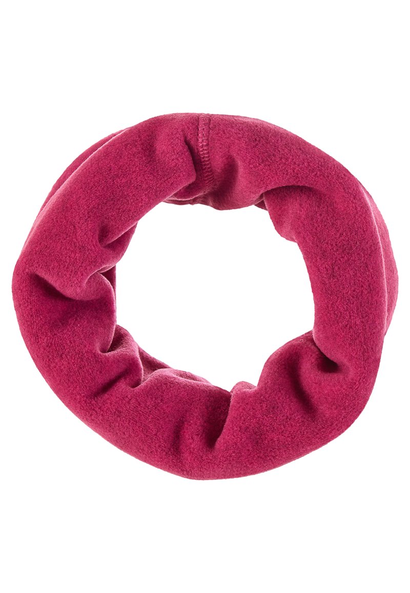 Fleece circle scarf in a vibrant fuchsia color, featuring a soft, textured surface and gathered design for flexibility and warmth.