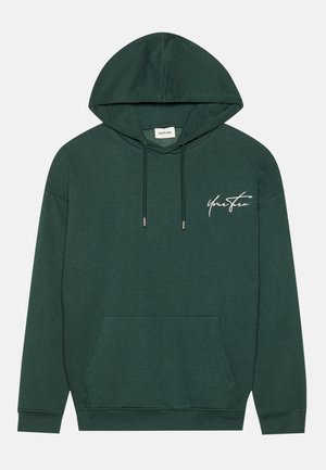 Dark green hoodie made of cotton blend fabric, featuring a kangaroo pocket, drawstring hood, and white "Your Turn" text on the chest.