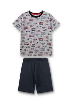 Children’s two-piece outfit with gray short-sleeve shirt patterned with red and black emergency vehicles and plain dark navy shorts with elastic waist.