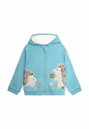 Veste à capuche bleue pour enfants avec des pois blancs, des applications d'hérissons fleuris sur le devant et une doublure intérieure en polaire blanche douce dans la capuche.