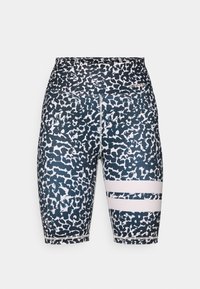 Black and white patterned athletic shorts with a high waistband. Features horizontal pink stripes on the sides and a smooth, stretchy fabric texture.