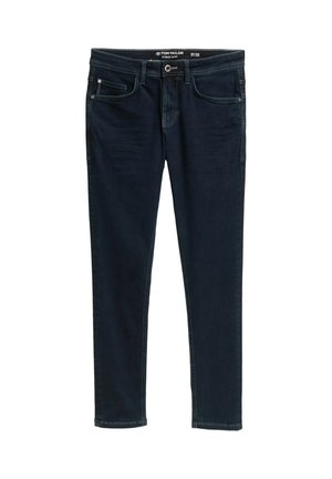Temno modri jeans z slim fit krojem, ki imajo pet žepov, gumbasto zapiranje in subtilne striže na sprednji strani.