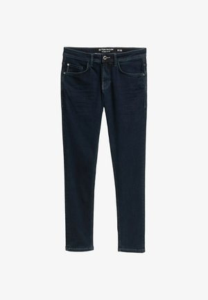 Sötétkék, karcsú fazonú farmernadrág öt zsebbel, gombos záródással és finom koptatással az elején.