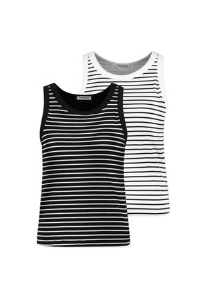 Zwei ärmellose Tanktops mit horizontalen Streifen, eines schwarz mit weißen Streifen und eines weiß mit schwarzen Streifen, überlappend dargestellt.