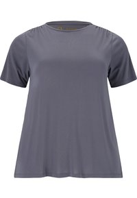 Grå kortærmet t-shirt med rund halsudskæring og rynkedetaljer ved skuldrene. Fremstillet af et blødt, letvægtsstof.