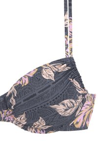 Top de bikini gris oscuro con un patrón de hojas tropicales en rosa y amarillo. Detalle de fruncido en el lateral y tirantes delgados ajustables.