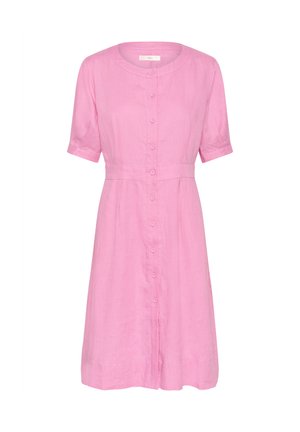 Pink linen dress with a round neckline, short sleeves, and front buttons. Fitted waist and flowy skirt with a knee-length hem.