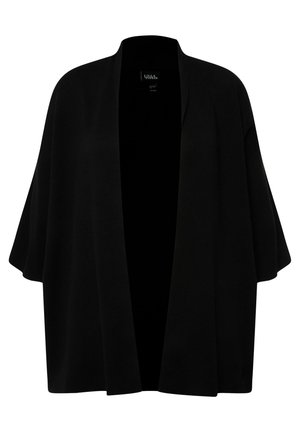 Zwarte poncho met een open voorkant, brede mouwen en een zachte textuur, gemaakt van een lichtgewicht stof die geschikt is voor het combineren van lagen.