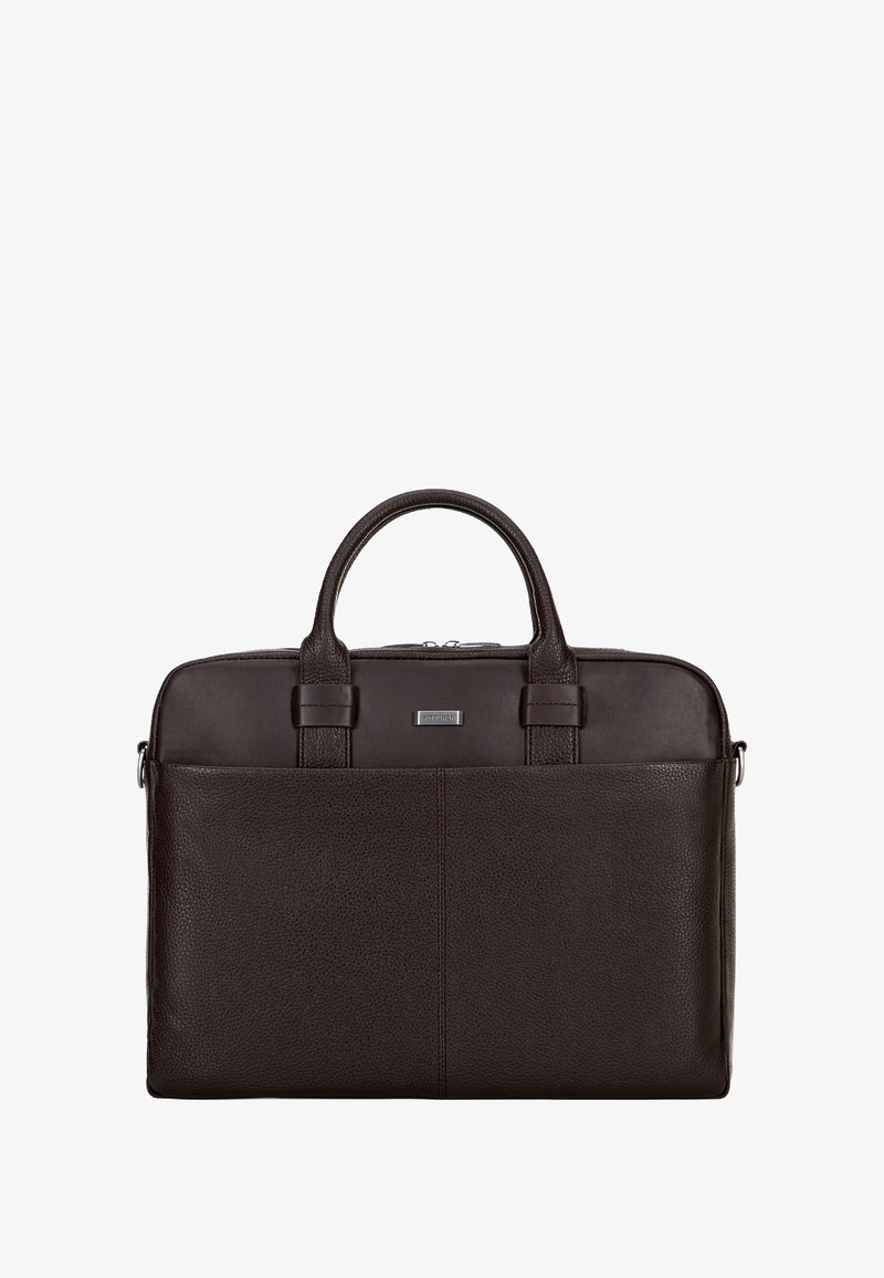 Brązowa skórzana teczka z teksturowaną powierzchnią, dwoma uchwytami, zamknięciem na zamek błyskawiczny u góry oraz subtelnym akcentem z logo. Elegancki, prostokątny design.