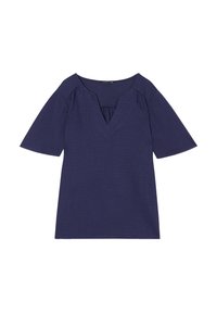 Top a maniche corte blu navy con vestibilità rilassata, scollatura a V e pieghe sottili vicino alla scollatura per ulteriore dettaglio e trama.