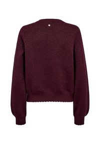 Pull bordeaux à manches longues avec un petit bouton rond argenté près du col et un ourlet et des poignets festonnés, vu de dos.